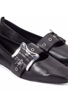 John Fluevog Black Pointed Buckle-Trim Women’s Flats